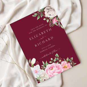 Burgundy Waterverf Floral Elegant Wedding Save The Date