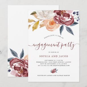 Burgundy Waterverf Floral   Engagement Party Kaart