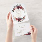 Burgundy waterverf floral rustic boho bruiloft al all in one uitnodiging (Afscheurbaar)