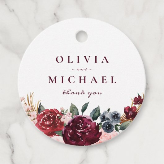 Burgundy waterverf floral rustige boho bruiloft bedankjes labels (Voorkant)