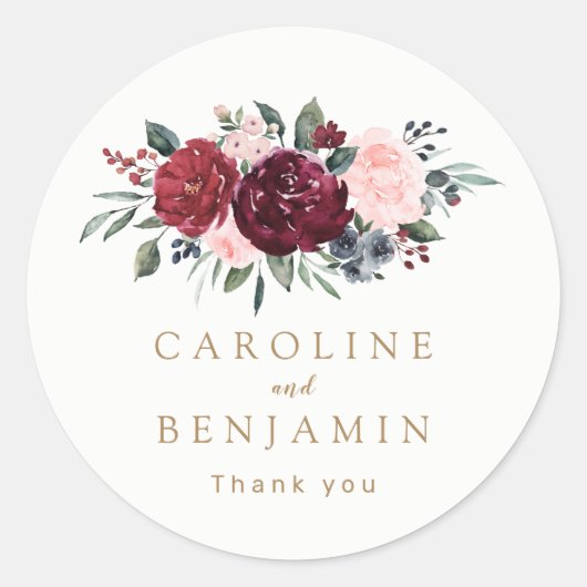 Burgundy waterverf floral rustige boho bruiloft ronde sticker (Voorkant)