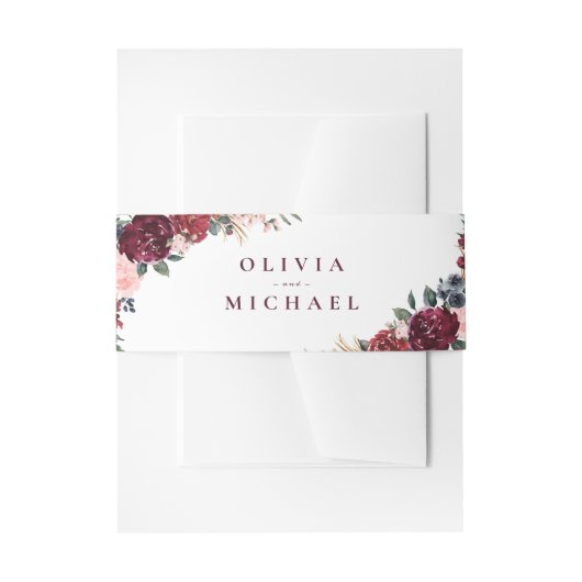 Burgundy waterverf floral rustige boho bruiloft uitnodigingen wikkel (Voorkant Voorbeeld)