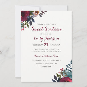 Burgundy Waterverf Floral Sweet Sixteen Invite Kaart