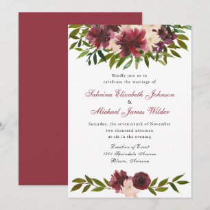 Burgundy Waterverf Floral Wedding Kaart