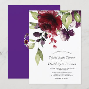 Burgundy Waterverf Flowers Royal Paars Wedding Kaart