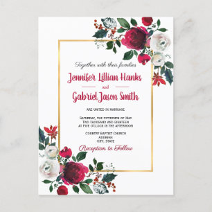 Burgundy waterverf roos floral gold lijst bruiloft uitnodiging briefkaart
