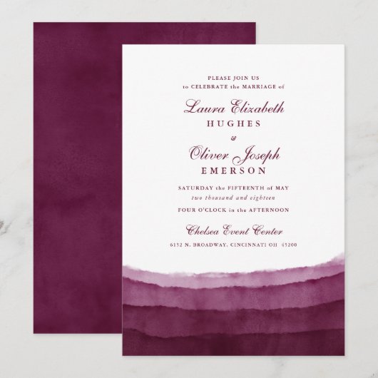 Burgundy Waterverf Wedding Invitations Kaart (Voorkant / Achterkant)