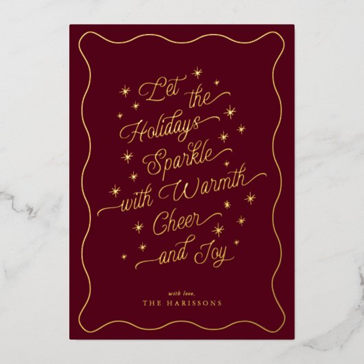 Burgundy Wavy Border Sparkle moderne Carte de vaca (Recto)