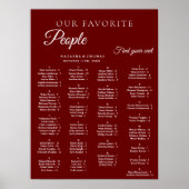 Burgundy Wedding Alphabetical Seating Chart Poster (Voorkant)