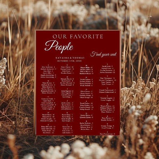 Burgundy Wedding Alphabetical Seating Chart Poster
