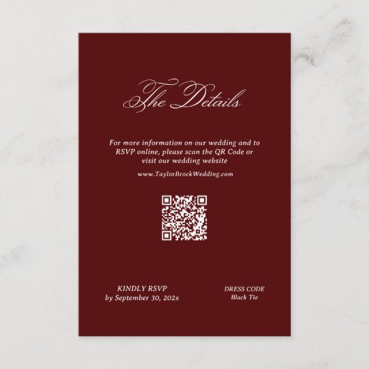 Burgundy Wedding Details Qr Code Informatiekaartje (Voorkant)