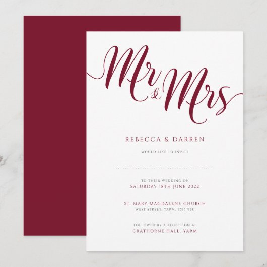 Burgundy Wedding Invitations Mr & Mrs Invites Kaart (Voorkant / Achterkant)