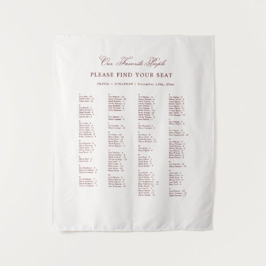 Burgundy Wedding Seating Chart Alphabetical Fabric Wandkleed (Voorkant)