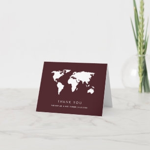 Burgundy-Wereldkaart Elegant Travel Theme Wedden Bedankkaart