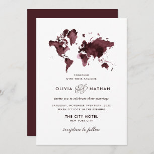 Burgundy-Wereldkaart   Elegant Travel Theme Wedden Kaart