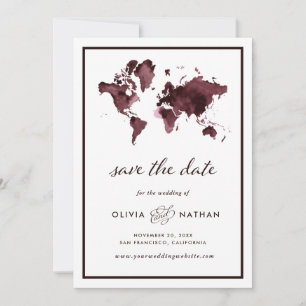 Burgundy-Wereldkaart   Elegant Travel Theme Wedden Save The Date