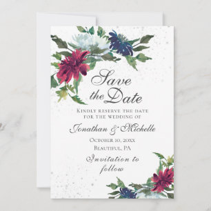 Burgundy White Blue Elegant Floral Wedding Save The Date