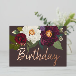 Burgundy White Floral Happy Birthday Real Gold Folie Feestdagenkaart