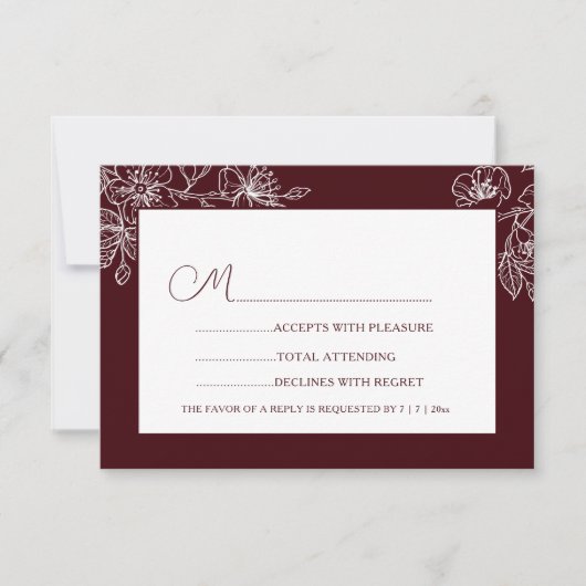 Burgundy White Floral Line Art RSVP (Devant)