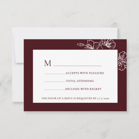 Burgundy White Floral Line Art RSVP (Voorkant)