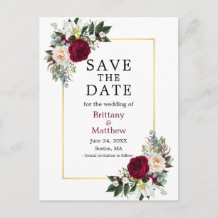 Burgundy White Floral Save the Date Gold Lijst Briefkaart