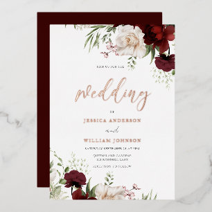 Burgundy & White Flowers Roos Gold Foil Wedding Folie Uitnodiging
