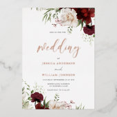 Burgundy & White Flowers Roos Gold Foil Wedding Folie Uitnodiging (Voorkant)