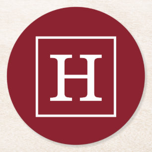 Burgundy White Framed Initiaal Monogram Ronde Kartonnen Onderzetter