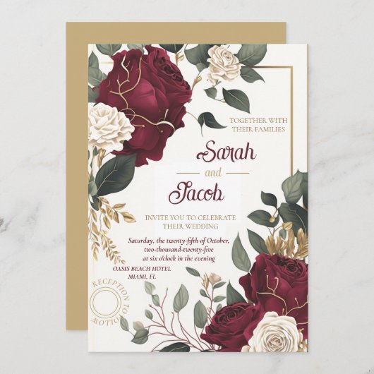Burgundy White Rose Floral Gold Elegant Weddenscha Kaart (Voorkant / Achterkant)