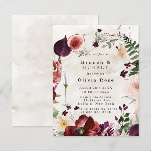 Burgundy Wildbloemen Brunch & Bubble Invite Kaart (Voorkant / Achterkant)