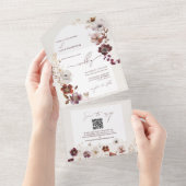Burgundy Wilde Bloemen Boog QR Code Trouw RSVP All In One Uitnodiging (Afscheurbaar)