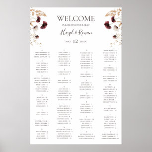 Burgundy Wildflower Alfabetische zitplaats Poster