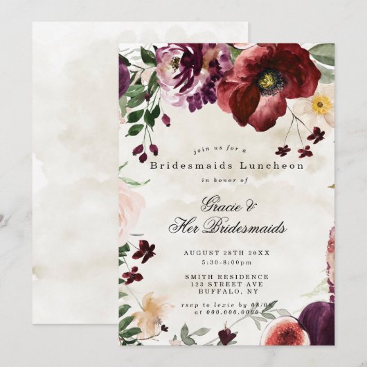 Burgundy Wildflower Bridesmaids Luncheon Invite (Voorkant / Achterkant)