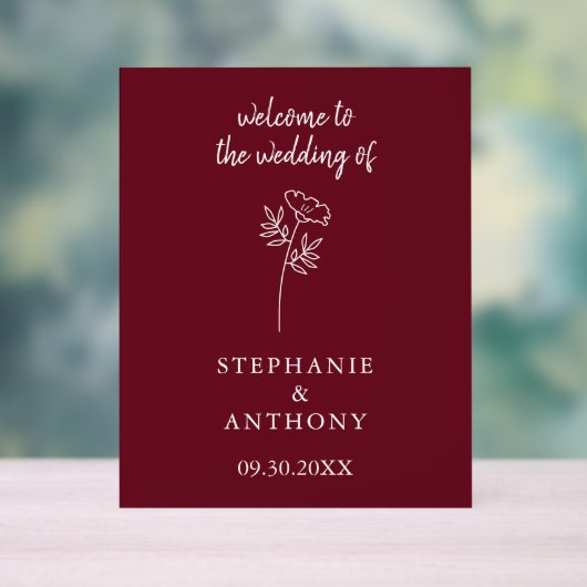 Burgundy Wildflower Wedding Acryl Bord (Neutraal)
