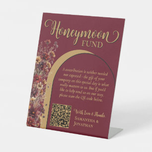 Burgundy Wildflowers Honeymoon Fonds QR-code Reclamebord Met Voetstuk