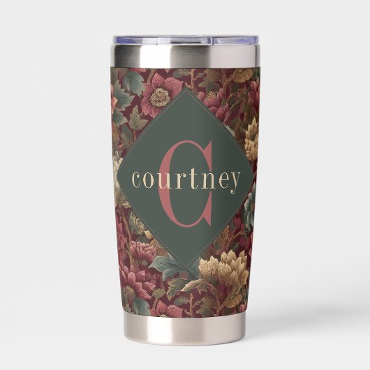 Burgundy William Morris Floral Elegant Monogram Geïsoleerde Drinkbeker (Voorkant)