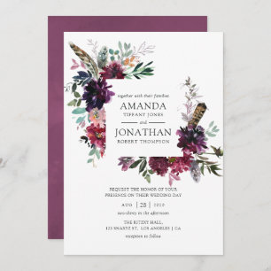 Burgundy Wine Boho Floral Wedding Kaart