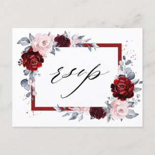 Burgundy Wine Dusty Blue Slate Floral Wedding RSVP Briefkaart