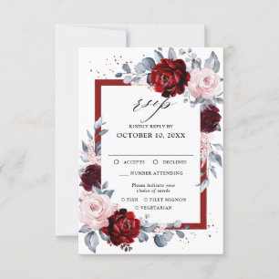 Burgundy Wine Dusty Blue Slate Floral Wedding RSVP Kaartje