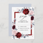 Burgundy Wine Dusty Blue Slate Floral Wedding RSVP Kaartje (Voorkant / Achterkant)