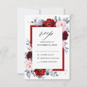 Burgundy Wine Dusty Blue Slate Floral Wedding RSVP Kaartje (Voorkant)