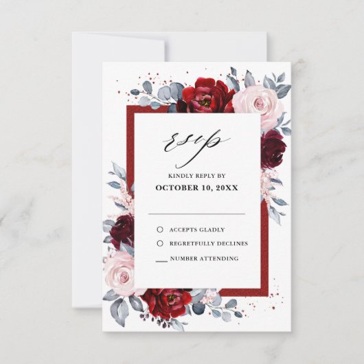 Burgundy Wine Dusty Blue Slate Floral Wedding RSVP Kaartje (Voorkant)