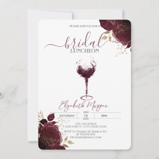 Burgundy Wine Glass Burgundy Rozen Bridal Luncheon Kaart (Voorkant)