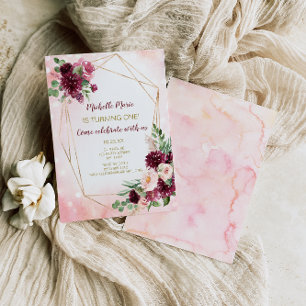 Burgundy Wine Pink and Gold Floral First Birthday Kaart