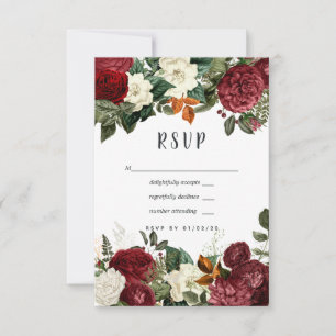 Burgundy Wine Red Floral Wedding RSVP Kaartje