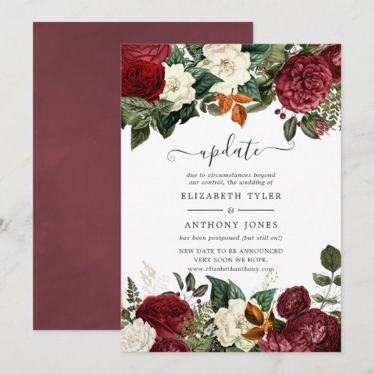 Burgundy Wine Red Floral Wedding Update Kaart (Voorkant / Achterkant)