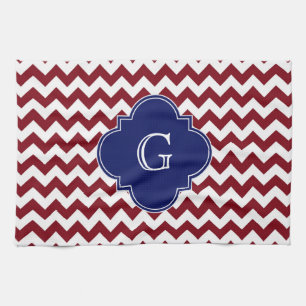 Burgundy Wine, White Chevron Zig-Zag Navy Monogram Theedoek