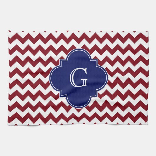 Burgundy Wine, White Chevron Zig-Zag Navy Monogram Theedoek (Horizontaal)