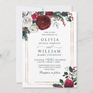 Burgundy Winter Rozen Foliage Waterverf Weddenscha Kaart