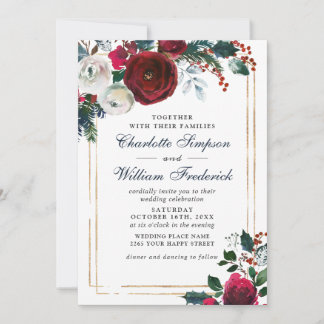 Burgundy Winter Rozen Foliage Waterverf Weddenscha Kaart